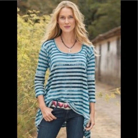 Sundance Mystic Stripe Burn Out Tunic Top Long Sleeve Asymmetric Red/Grey medium - Picture 2 of 6